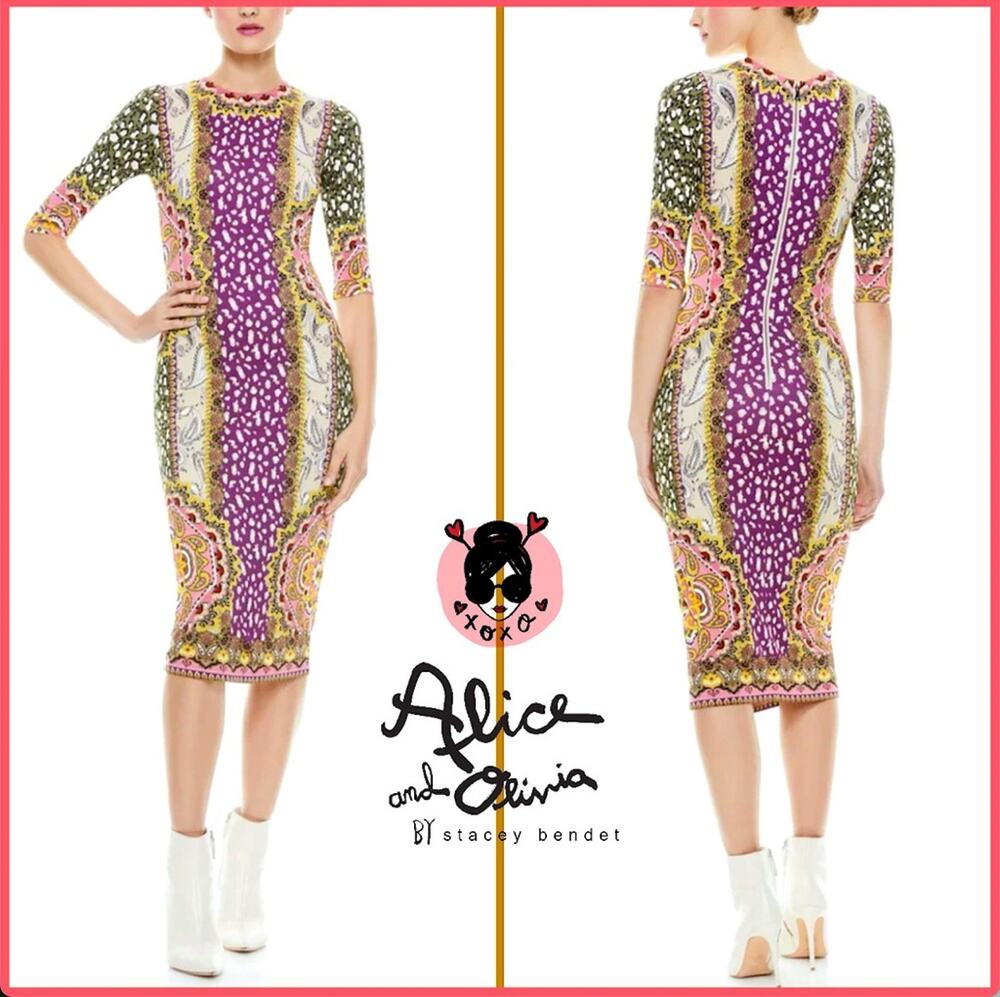 ALICE + OLIVIA Delora Fitted Crew Neck Dress Size 14 Paisley Leopard Print